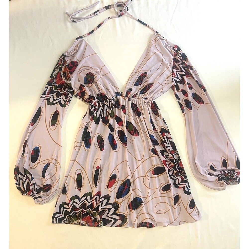 Unaluna Boho Mini Dress S Pink Print Long Sleeve Plunge Neck Flowy Festival Y2K - Picture 2 of 4